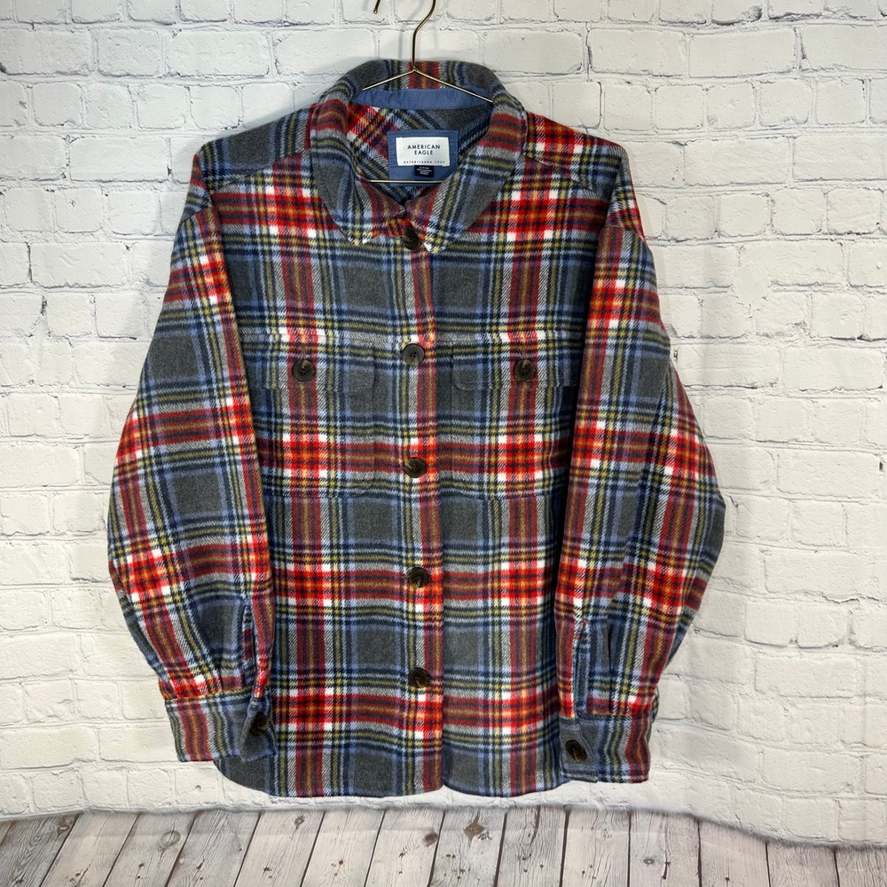 American Eagle Plaid Shacket Womens Small‎ Grey Red Wool Blend Button Front Jack